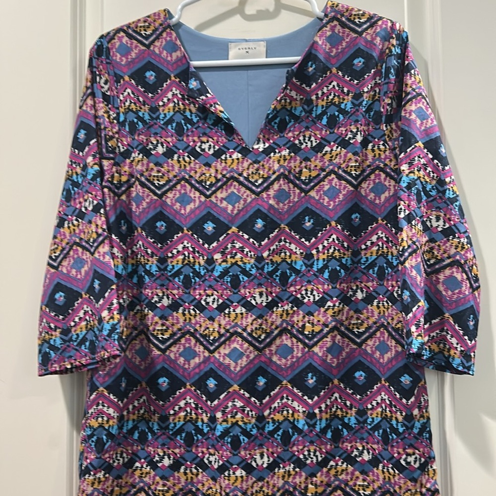 Anthropologie Everly Aztec Geometric Print V-neck Dress 3/4 sleeves scoop hem M